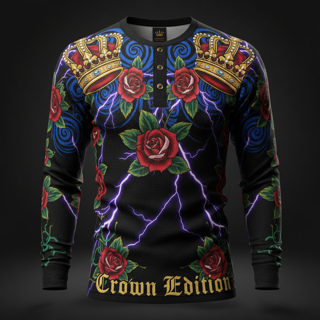 TITAN Crown Edition Tattoo Art Men's Lounge Thermal Henley - bold colorful tattoo artwork on matte black waffle knit