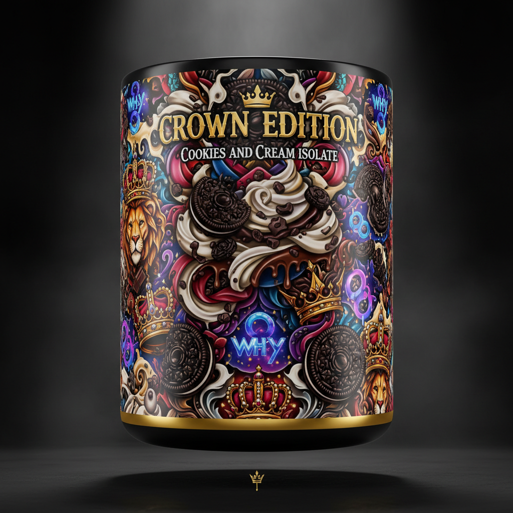 TITAN Whey Protein Isolate Cookies & Cream — Crown Edition bold tattoo-style artwork