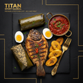 TITAN Nigerian Grilled Tilapia Moi Moi Breakfast meal kit flat lay dark luxury