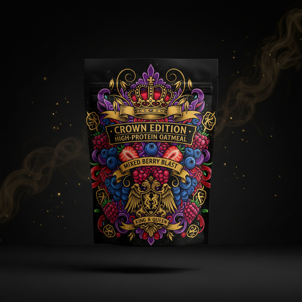 TITAN High-Protein Oatmeal Mixed Berry Blast — Crown Edition bold tattoo-style artwork