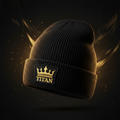 TITAN Knit Beanie — Matte black ribbed knit cuffed beanie with gold embroidered TITAN crown patch