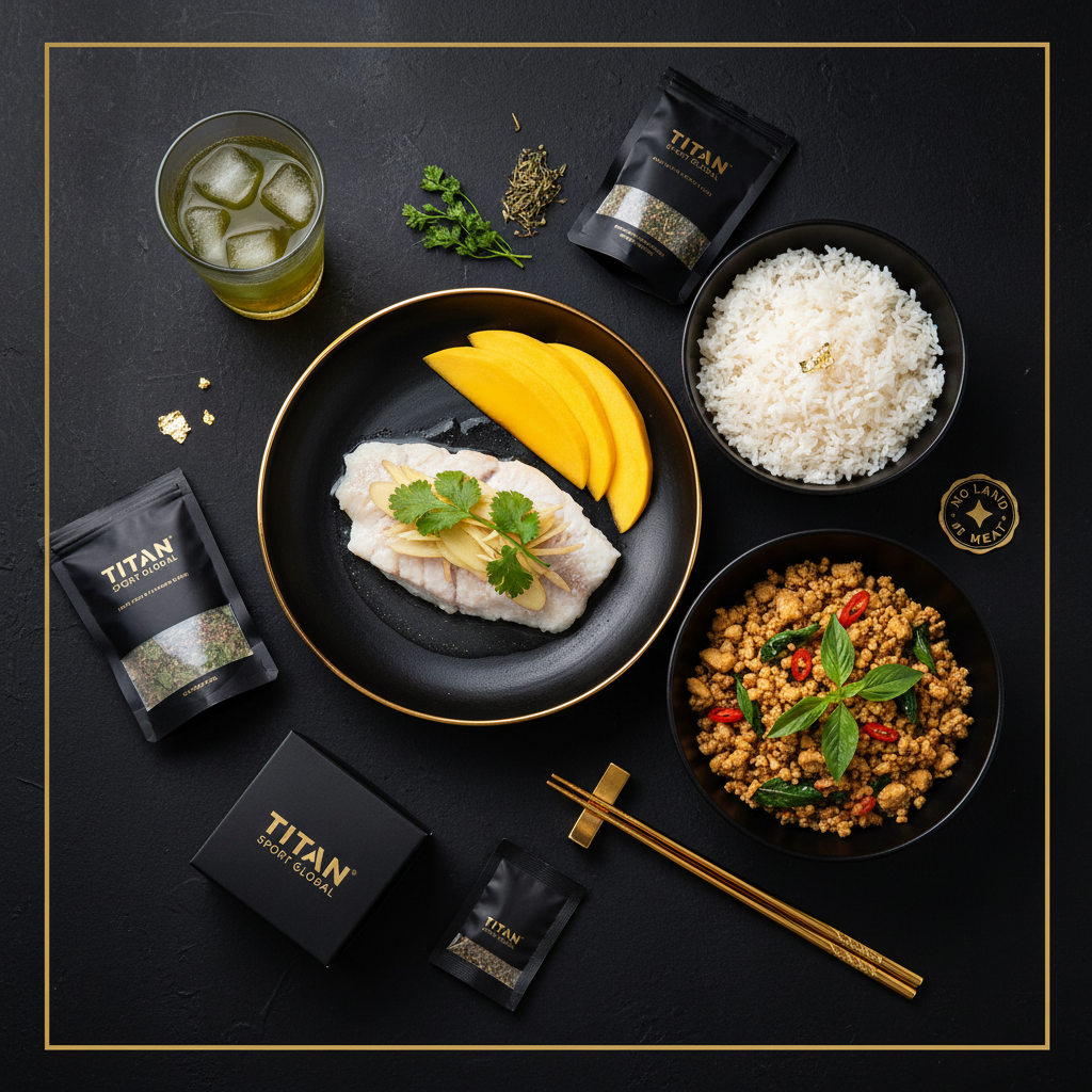 TITAN Thai Steamed Ginger Fish Power Breakfast meal kit flat lay dark luxury