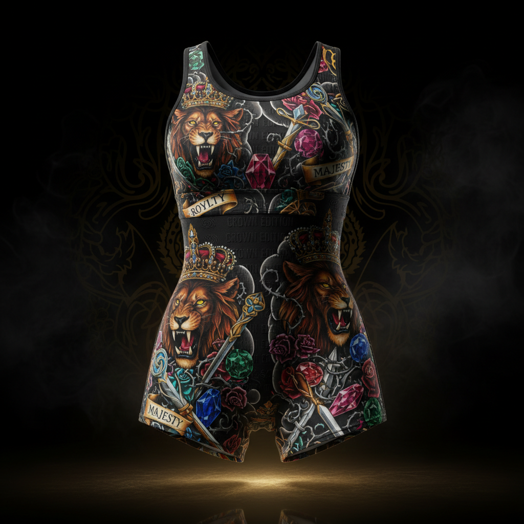 TITAN Crown Edition Athletic Romper — bold tattoo-style artwork on matte black performance fabric
