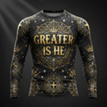 TITAN Men's Compression Shirt Greater Is He Crown Edition flat lay