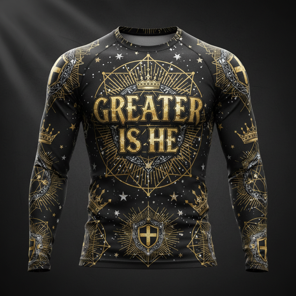 TITAN Men's Compression Shirt Greater Is He Crown Edition flat lay
