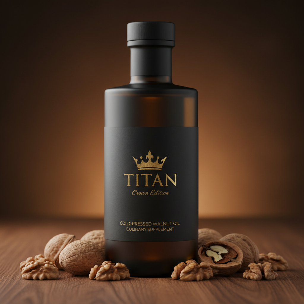 TITAN Walnut Oil Cold-Pressed Crown Edition — premium frosted glass bottle product shot