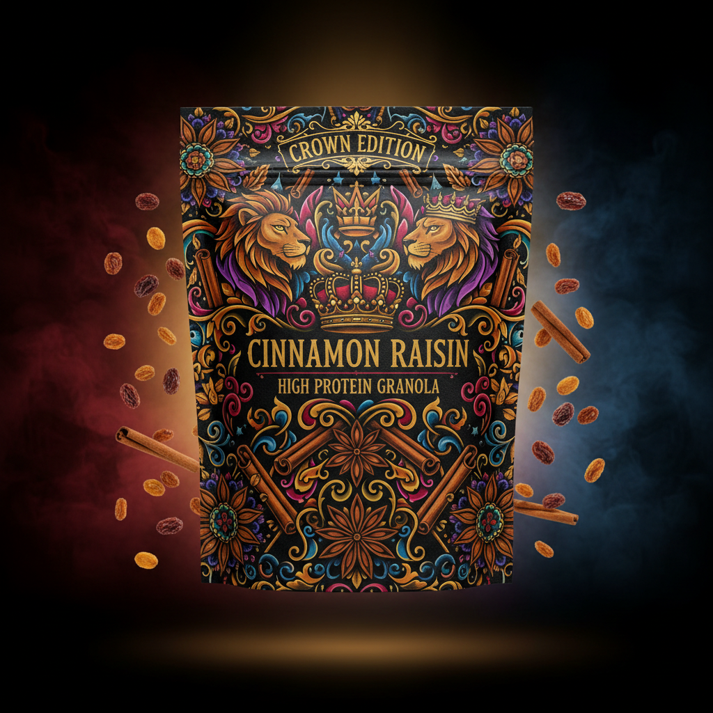 TITAN High Protein Granola Cinnamon Raisin — Crown Edition bold tattoo-style artwork