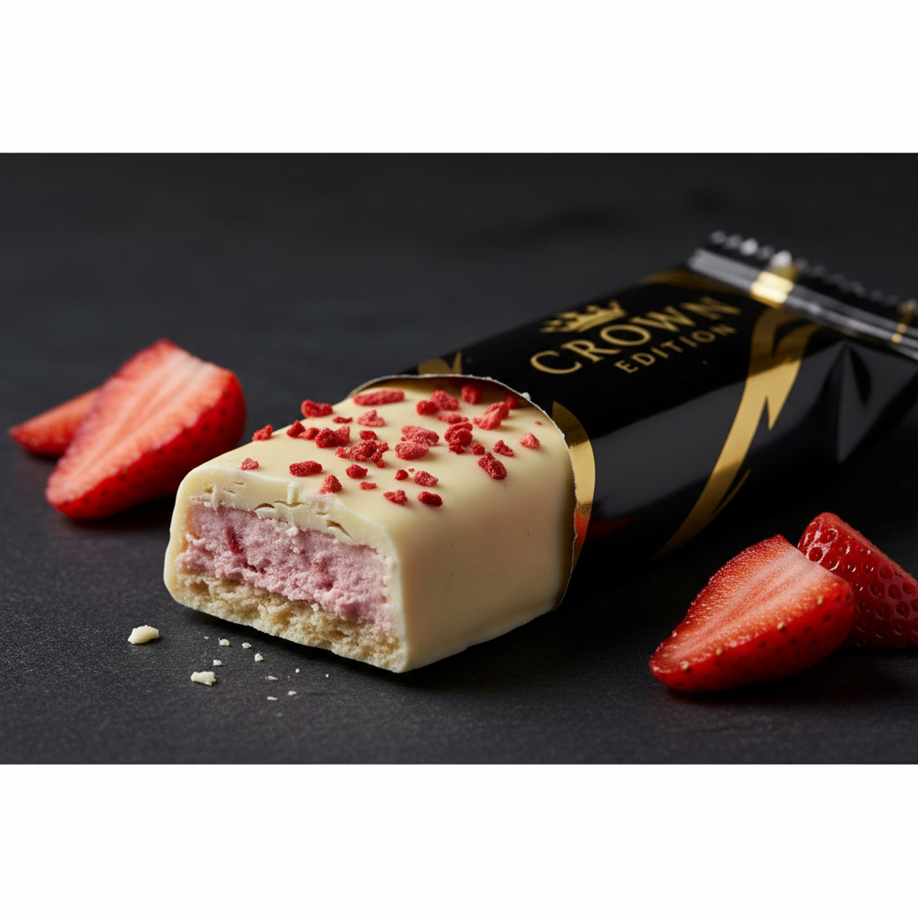 TITAN Strawberry Cream White Chocolate Protein Bar — Crown Edition matte black packaging