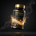 TITAN Spermidine Wheat Germ Extract black glass bottle with 24K gold accents and glowing cellular autophagy renewal artwork in wheat gold, cream and white