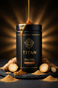 TITAN Maca Root Protein Powder Caramel — rich high-altitude Andean canister with maca root pieces, golden caramel drizzle and warm Andean highland lighting