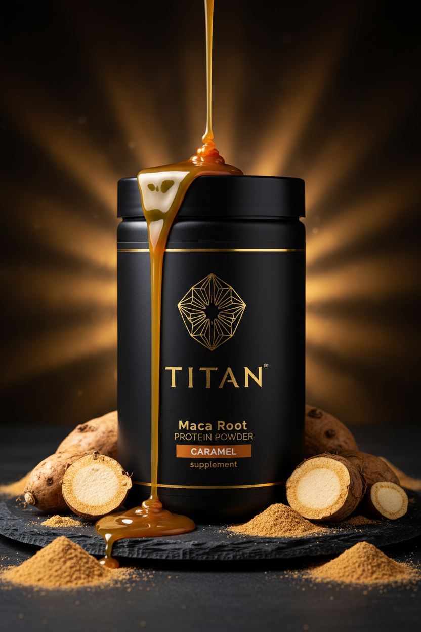 TITAN Maca Root Protein Powder Caramel — rich high-altitude Andean canister with maca root pieces, golden caramel drizzle and warm Andean highland lighting