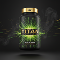 TITAN Beta-Alanine supplement bottle with Crown Edition matte black and gold packaging featuring electric spark and static charge artwork in neon green and yellow