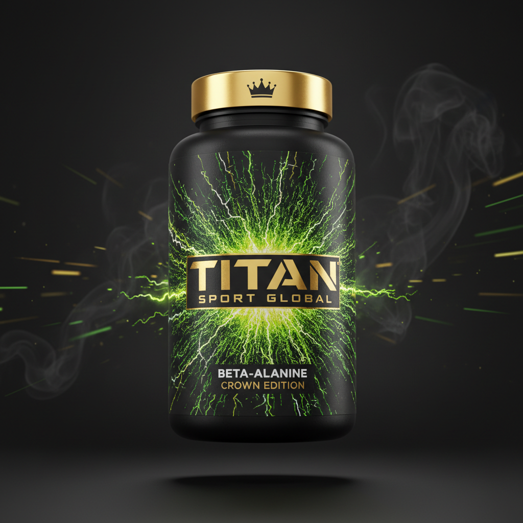 TITAN Beta-Alanine supplement bottle with Crown Edition matte black and gold packaging featuring electric spark and static charge artwork in neon green and yellow
