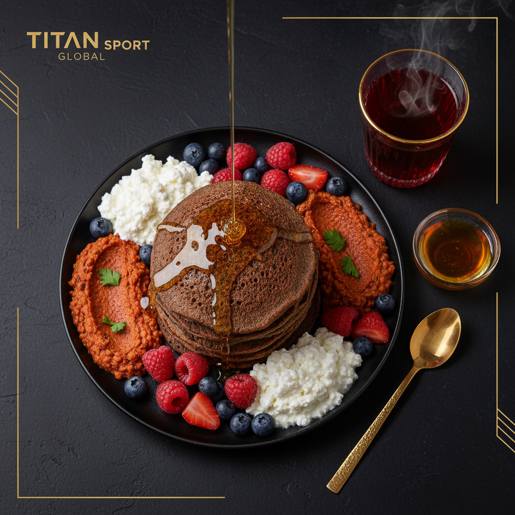 TITAN Ethiopian Teff Protein Pancakes Breakfast flat lay dark luxury