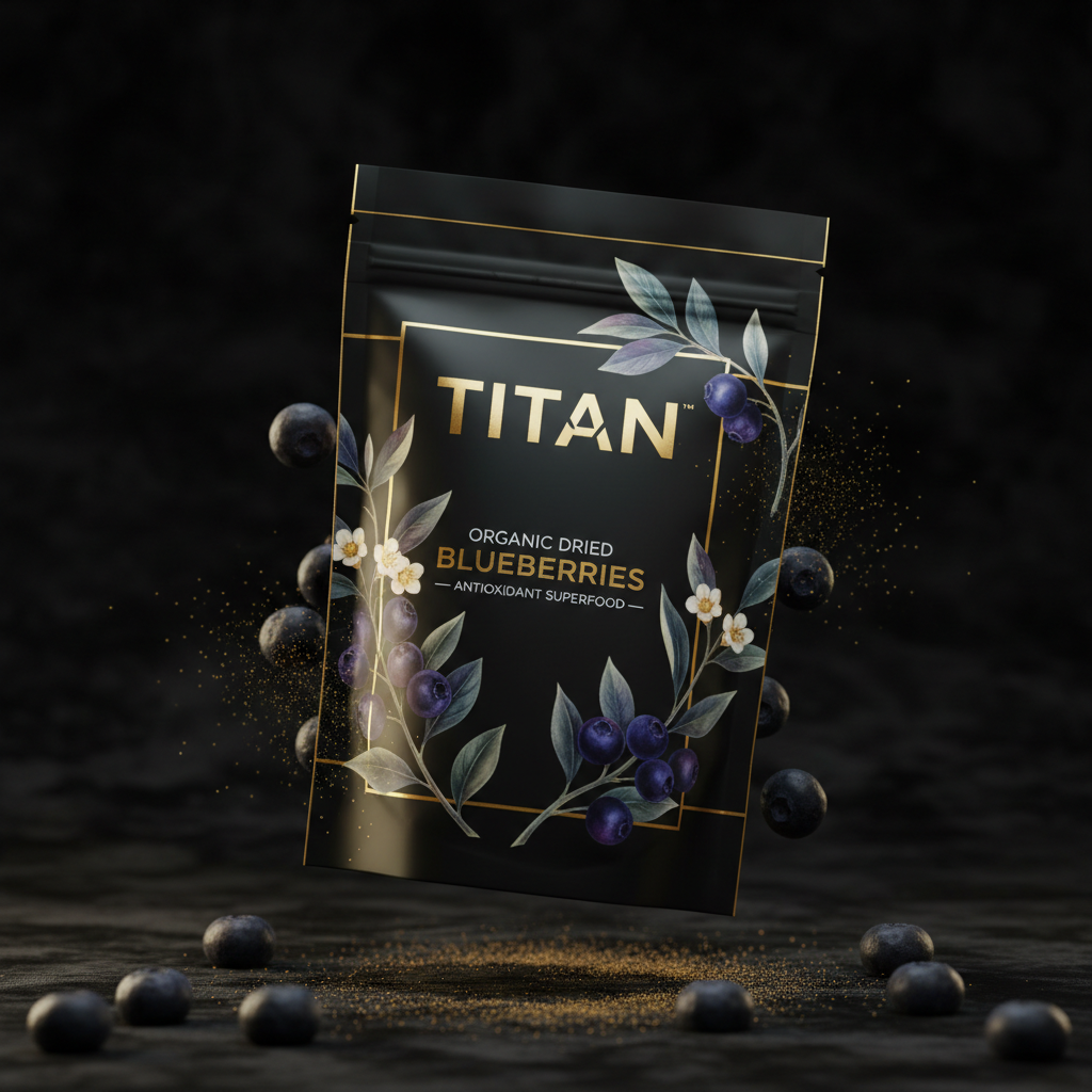 TITAN Organic Dried Blueberries Antioxidant Superfood — ultra-premium luxury editorial product shot