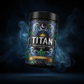 TITAN Magnesium Glycinate Capsules container with crescent moon, calming waves, crystal formations and crown tattoo-style Crown Edition artwork in deep indigo, silver and gold
