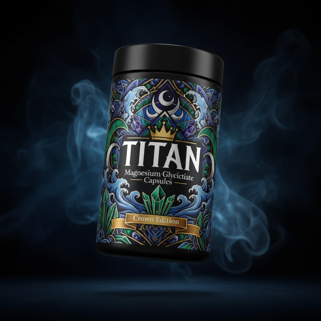 TITAN Magnesium Glycinate Capsules container with crescent moon, calming waves, crystal formations and crown tattoo-style Crown Edition artwork in deep indigo, silver and gold