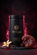 TITAN Reishi Mushroom Protein Powder Vanilla — dramatic ancient immortality canister with glossy reishi mushroom fan, vanilla bean and deep burgundy-crimson immortality glow