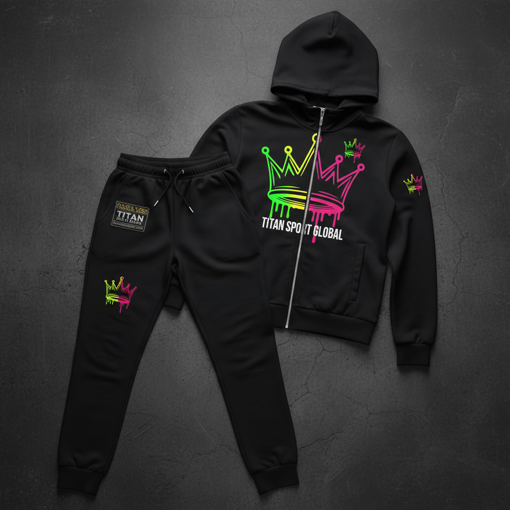 TITAN Women's Neon Drip Crown Tracksuit matching set flat lay