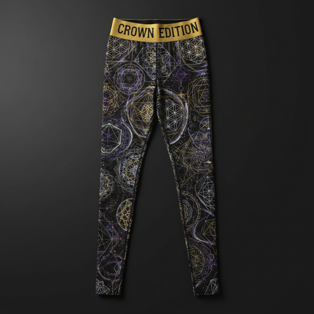 TITAN Crown Edition Women's High-Waist Leggings — Sacred Geometry tattoo artwork on matte black fabric
