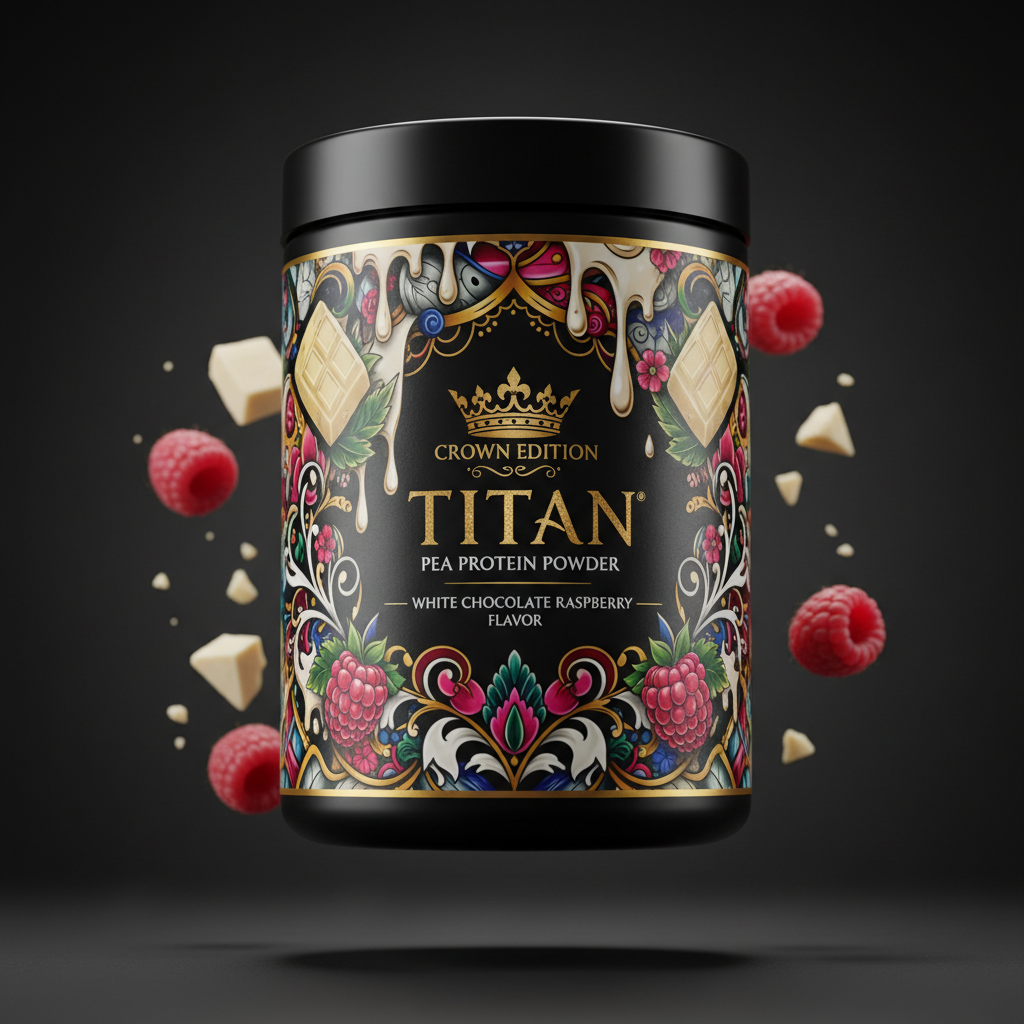 TITAN Pea Protein Powder — White Chocolate Raspberry, Crown Edition tattoo-style artwork