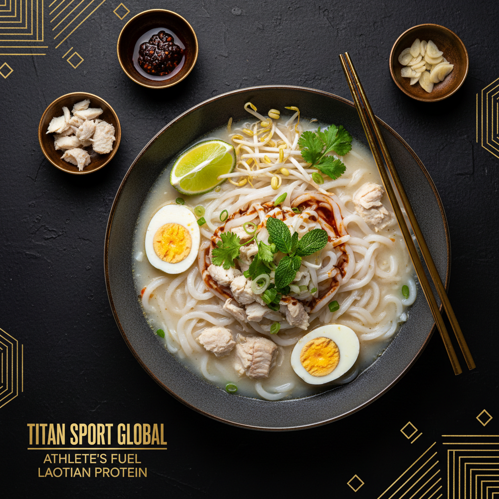 TITAN Laotian Fish Rice Noodle Soup Breakfast flat lay dark luxury