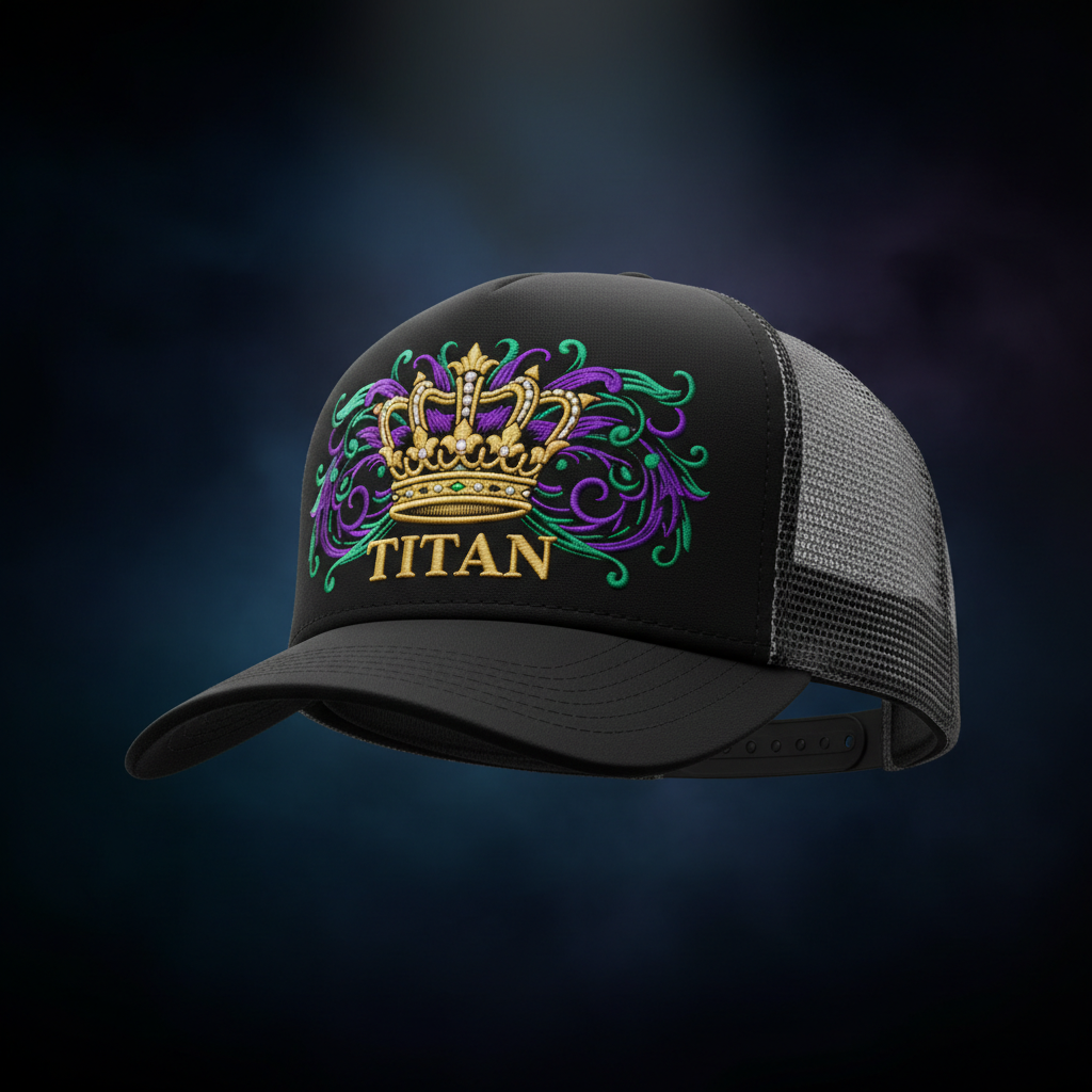 TITAN Printed Trucker Hat — Matte black structured front with gold crown tattoo artwork and mesh back panels