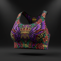 TITAN Women's Seamless Sports Bra with mandala, crown and butterfly tattoo-style Crown Edition artwork in purple, crimson and gold on matte black seamless fabric