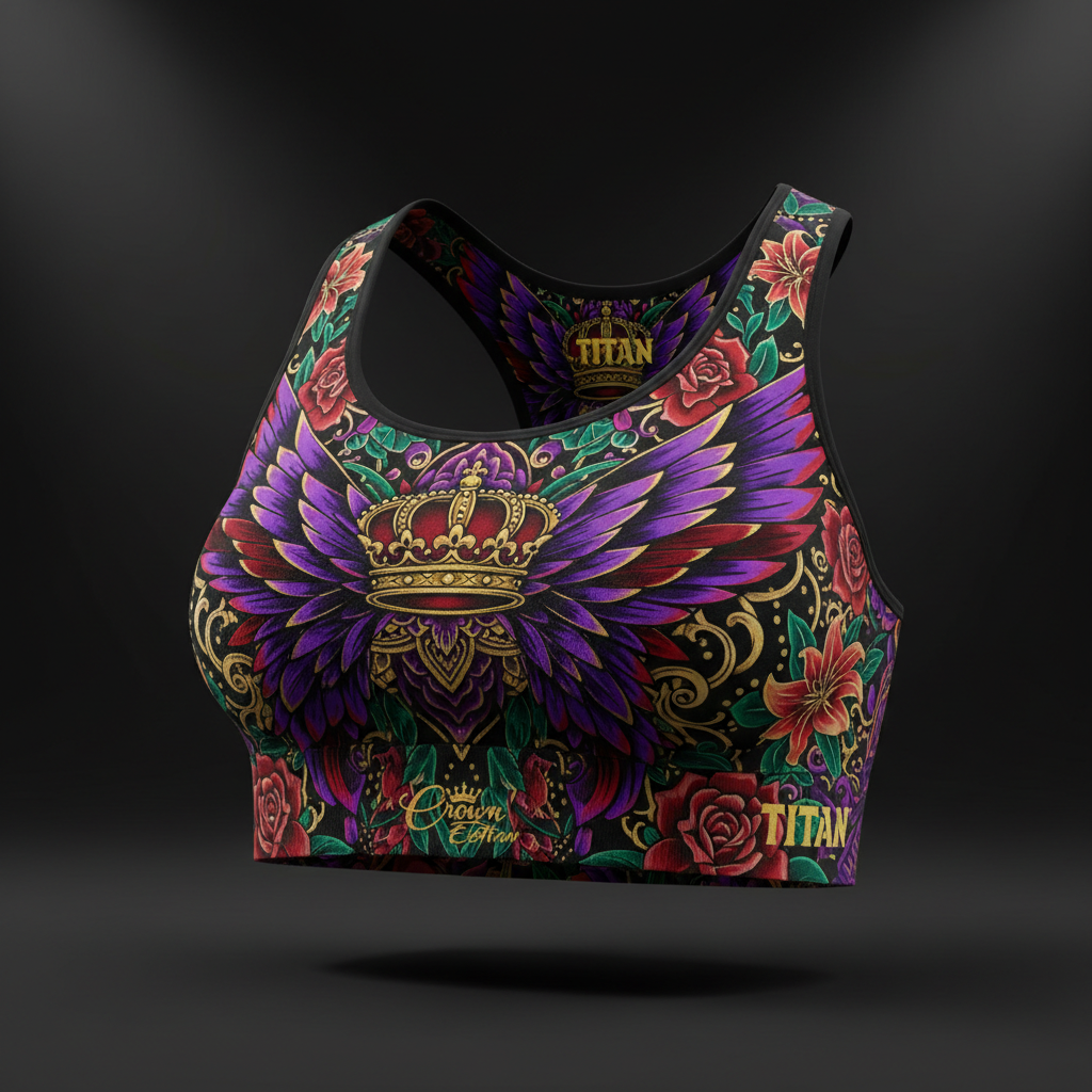 TITAN Women's Seamless Sports Bra with mandala, crown and butterfly tattoo-style Crown Edition artwork in purple, crimson and gold on matte black seamless fabric
