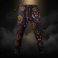 TITAN Men's Jogger Pants with crown and tiger tattoo-style Crown Edition artwork in crimson, blue and gold on matte black French terry fabric