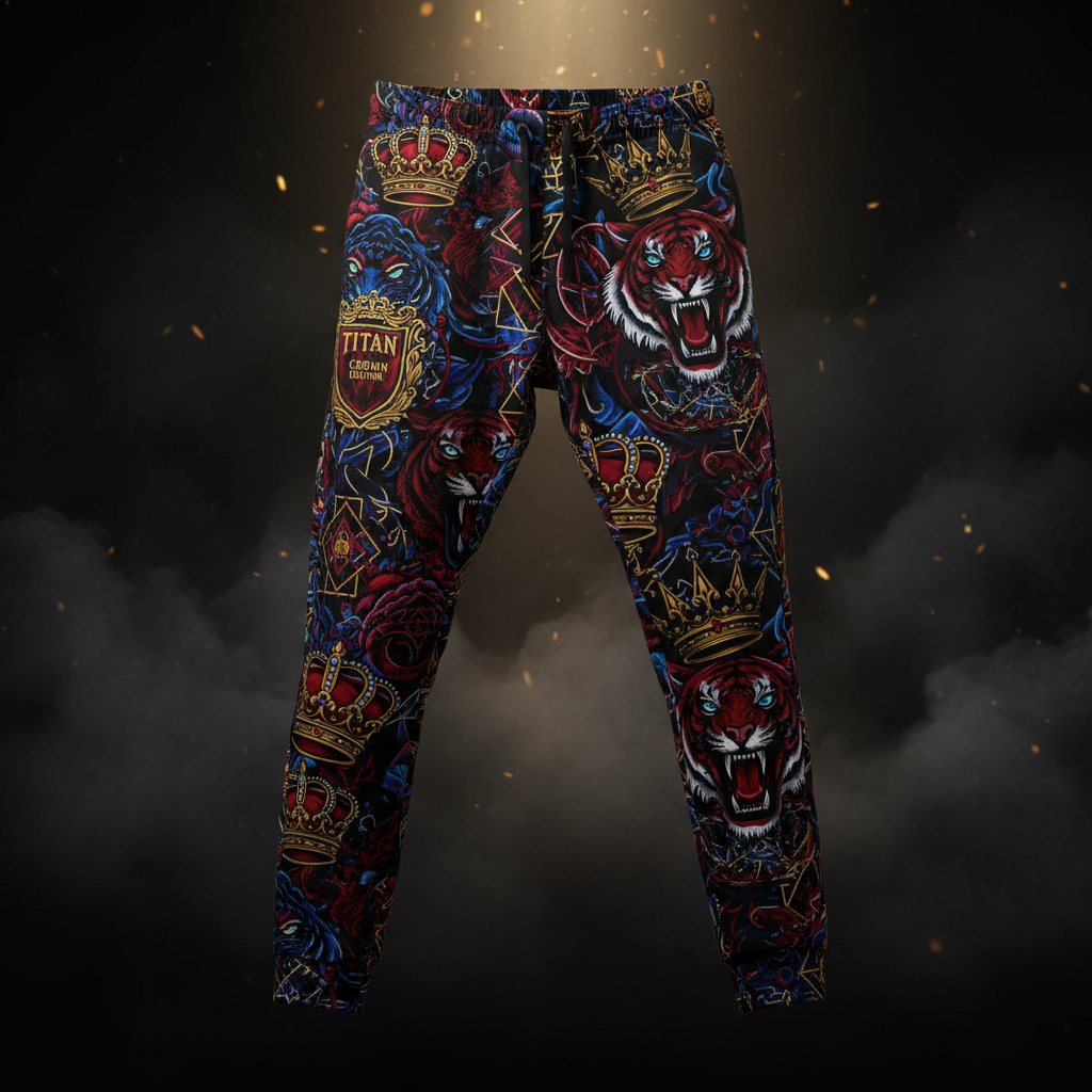 TITAN Men's Jogger Pants with crown and tiger tattoo-style Crown Edition artwork in crimson, blue and gold on matte black French terry fabric