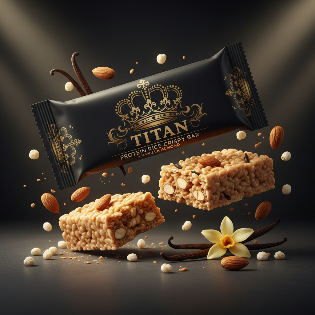 TITAN Protein Rice Crispy Bar – Vanilla Almond, matte black packaging with gold crown tattoo artwork, crispy rice bar with roasted almonds and vanilla pods