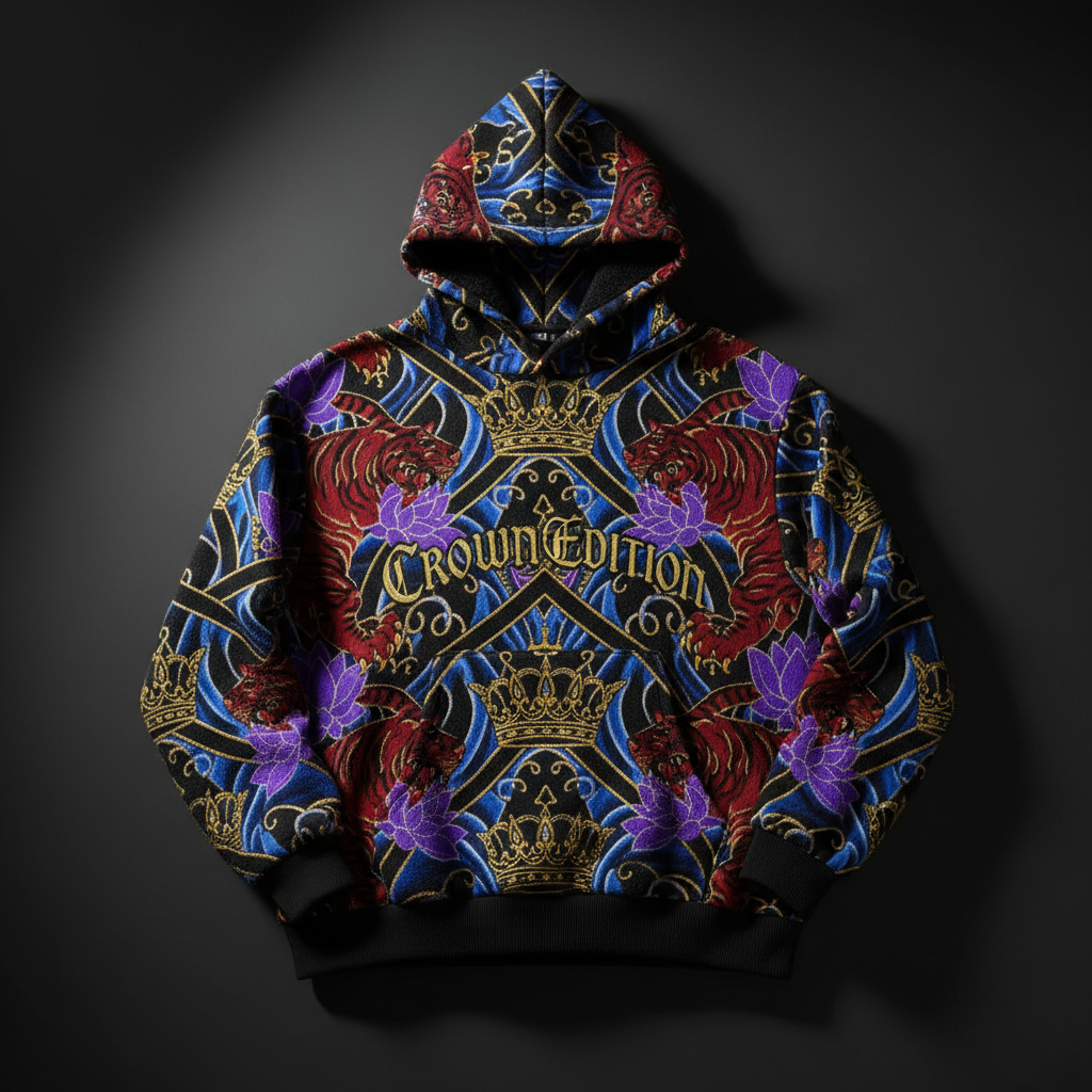TITAN Crown Edition Tattoo Art Men's Lounge Hoodie - bold tiger lotus tattoo artwork on matte black heavyweight fleece