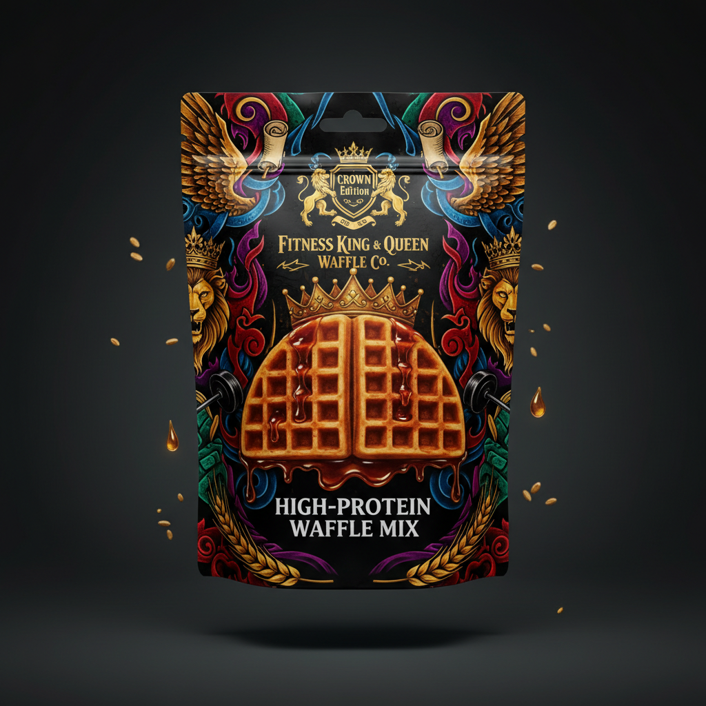TITAN High-Protein Waffle Mix Buttermilk Style — Crown Edition bold tattoo-style artwork