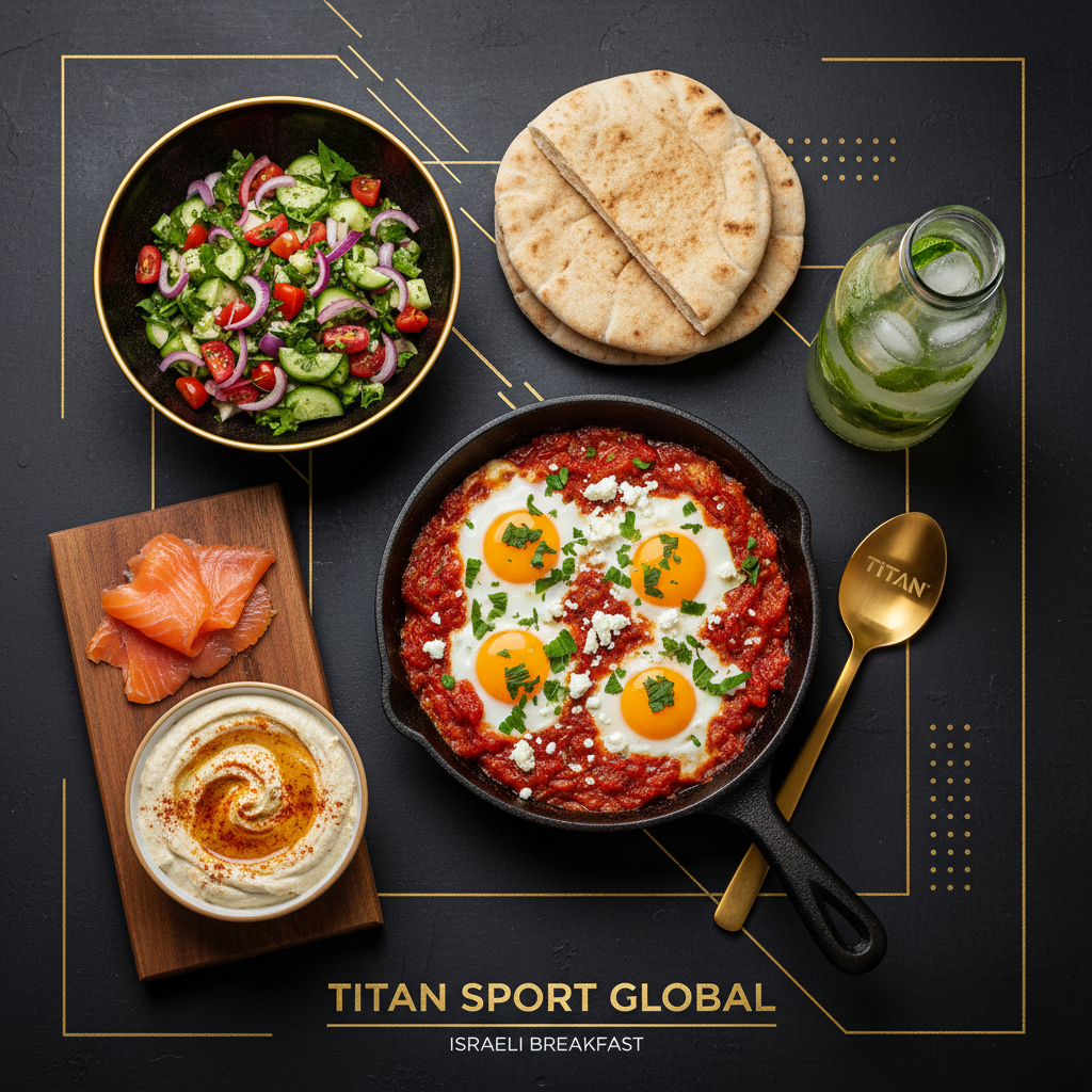 TITAN Israeli Shakshuka Smoked Salmon Breakfast meal kit flat lay dark luxury