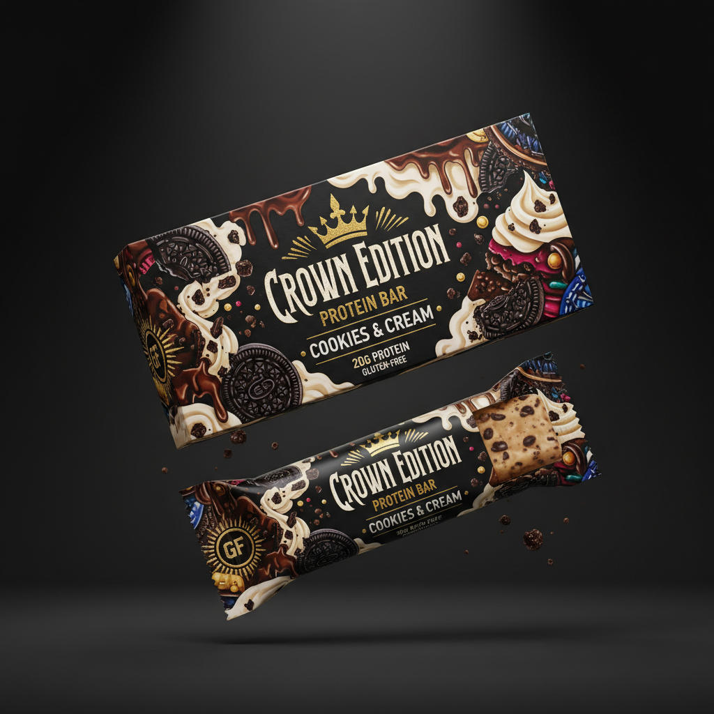 TITAN Protein Bar Cookies & Cream — Crown Edition bold tattoo-style artwork
