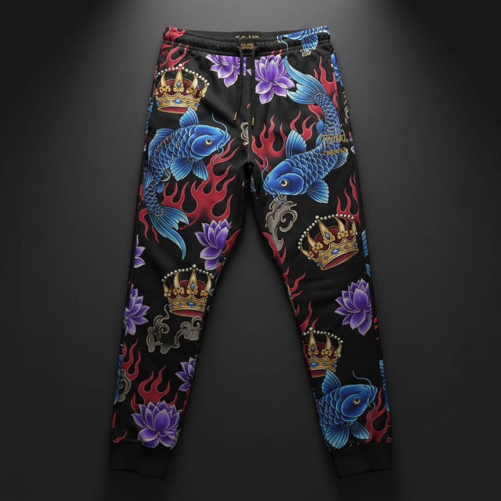 TITAN Crown Edition Tattoo Art Men's Lounge Sweatpants - bold colorful tattoo artwork on matte black fleece