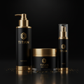 TITAN 4-piece skincare set: matte black bottles and jars with gold metallic caps, gold logo, and gold particles.