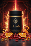 TITAN Goji Berry Protein Powder Citrus Burst — ancient Eastern-inspired canister with vibrant red goji berries, citrus slices and imperial crimson-gold dynasty glow