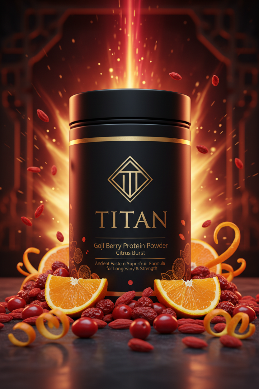 TITAN Goji Berry Protein Powder Citrus Burst — ancient Eastern-inspired canister with vibrant red goji berries, citrus slices and imperial crimson-gold dynasty glow