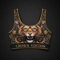 TITAN Crown Edition Women's Sports Bra — Lioness tattoo artwork on matte black fabric