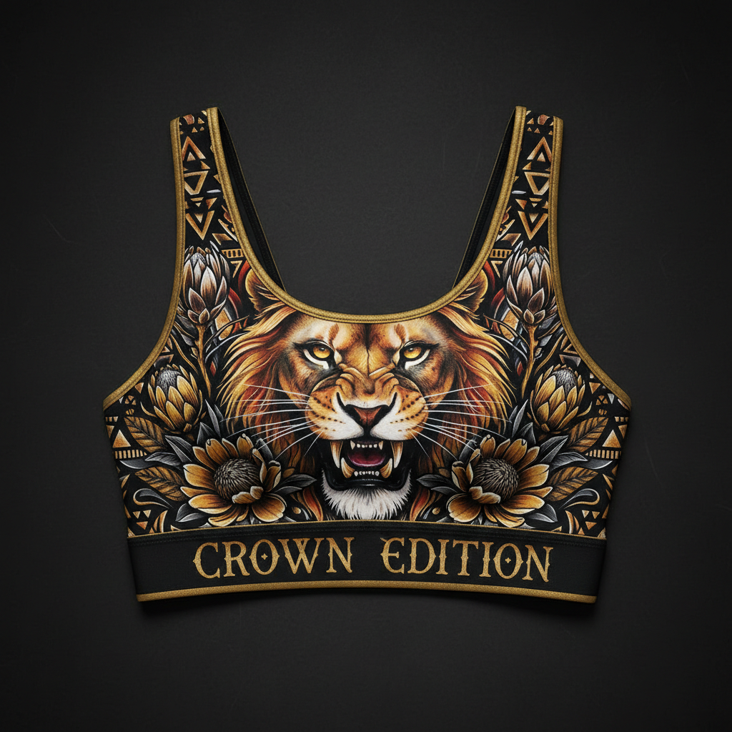 TITAN Crown Edition Women's Sports Bra — Lioness tattoo artwork on matte black fabric