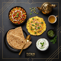 TITAN Pakistani Masala Omelette Chana Power Breakfast meal kit flat lay dark luxury