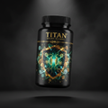 TITAN Ergothioneine Mushroom Complex black glass bottle with 24K gold accents and glowing mitochondria shield pattern artwork in emerald green, gold and white