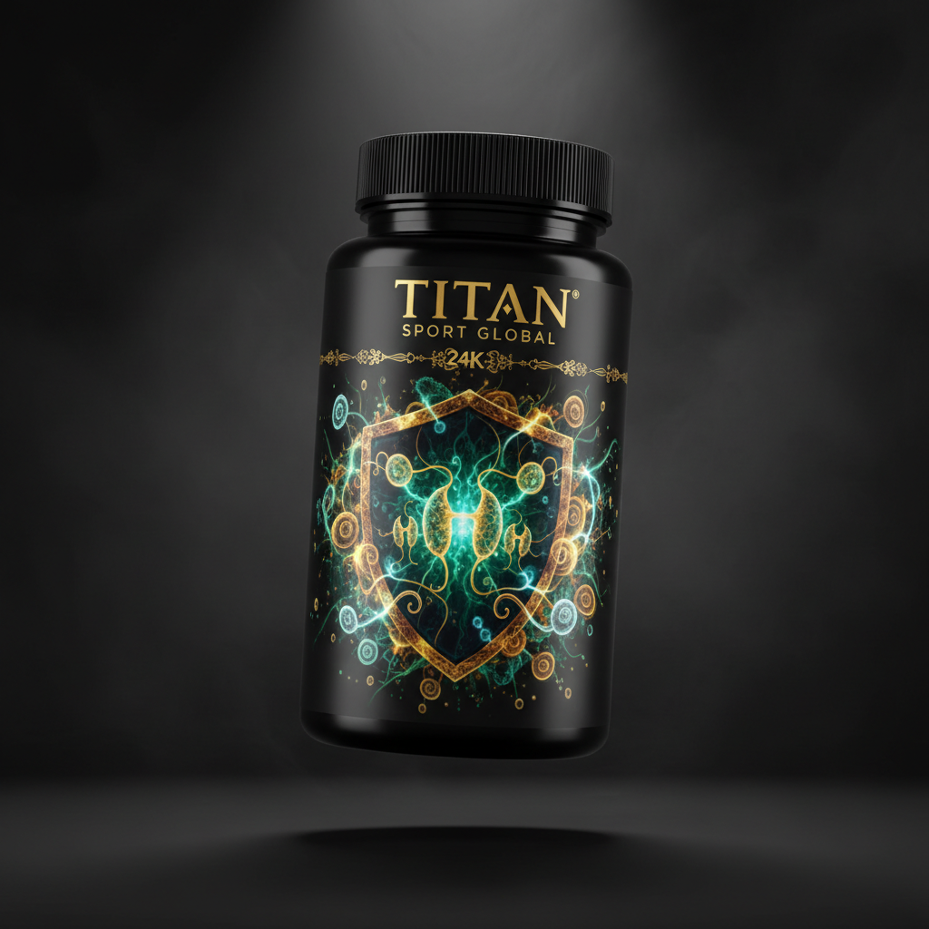 TITAN Ergothioneine Mushroom Complex black glass bottle with 24K gold accents and glowing mitochondria shield pattern artwork in emerald green, gold and white