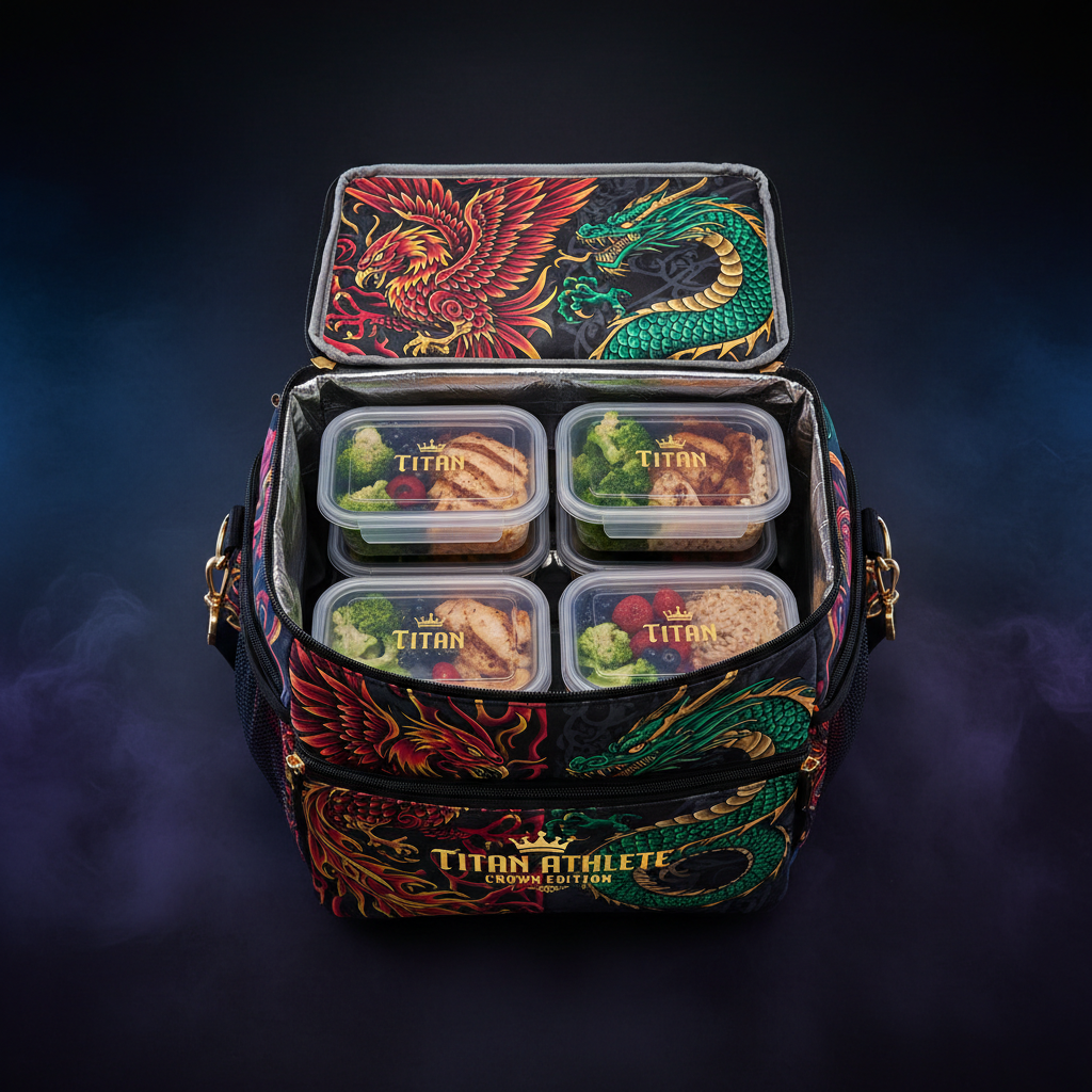 TITAN Athlete Meal Prep Bag — Crown Edition phoenix dragon tattoo overhead flat lay
