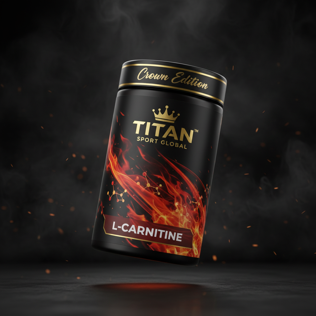 TITAN L-Carnitine supplement bottle with Crown Edition matte black and gold packaging featuring crimson and molten orange flame artwork with molecular chain structures