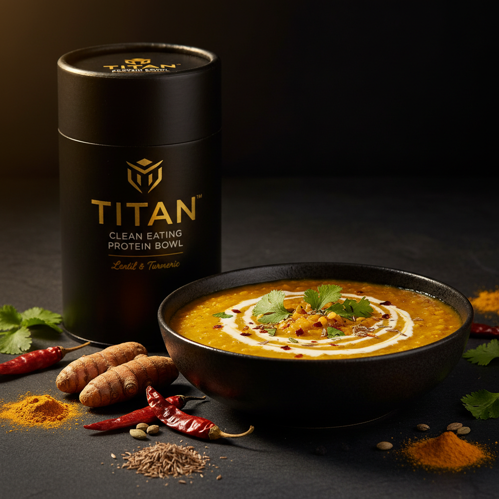 TITAN Clean Eating Protein Bowl Lentil & Turmeric — golden hour bowl shot with vibrant turmeric lentil dal, coconut cream swirl and fresh cilantro