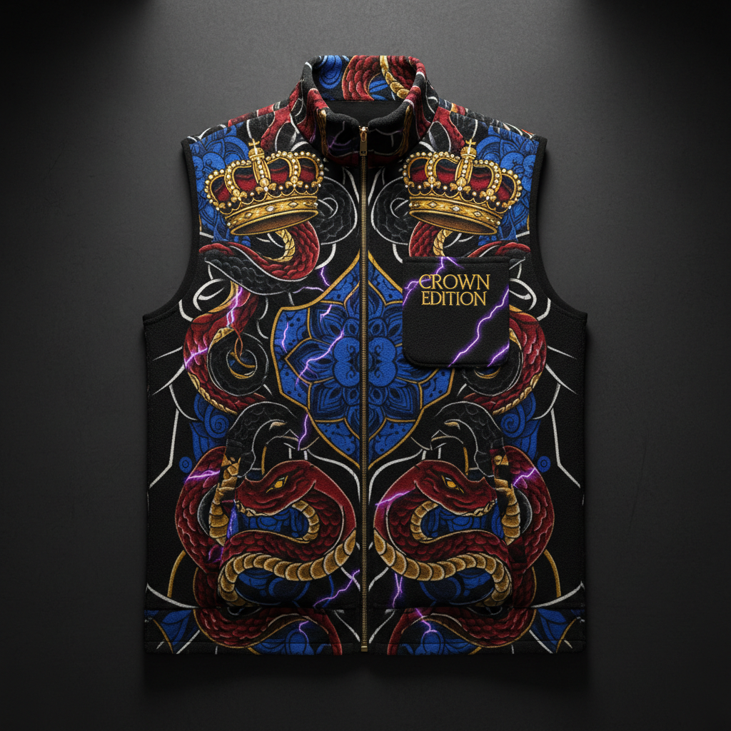 TITAN Crown Edition Tattoo Art Men's Lounge Fleece Vest - bold colorful tattoo artwork on matte black fleece
