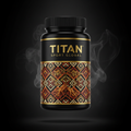 TITAN Maca Root supplement bottle with Crown Edition matte black and gold packaging featuring Incan geometric pattern artwork in terracotta and gold